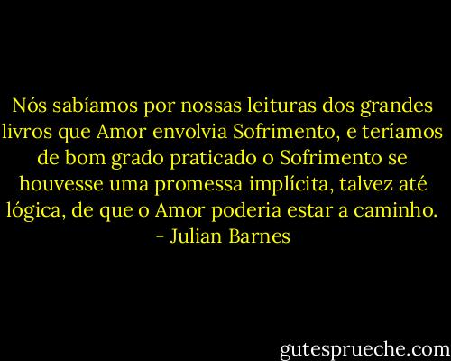 Nós sabíamos por nossas leituras dos grandes livros que Amor envolvia Sofrimento, e teríamos de bom grado praticado o Sofrimento se houvesse uma promessa implícita, talvez até lógica, de que o Amor poderia estar a caminho. - Julian Barnes