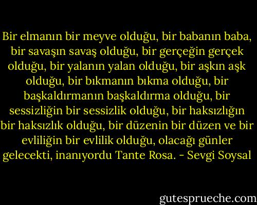Bir elmanın bir meyve olduğu, bir babanın baba, bir savaşın savaş olduğu, bir gerçeğin gerçek olduğu, bir yalanın yalan olduğu, bir aşkın aşk olduğu, bir bıkmanın bıkma olduğu, bir başkaldırmanın başkaldırma olduğu, bir sessizliğin bir sessizlik olduğu, bir haksızlığın bir haksızlık olduğu, bir düzenin bir düzen ve bir evliliğin bir evlilik olduğu, olacağı günler gelecekti, inanıyordu Tante Rosa. - Sevgi Soysal