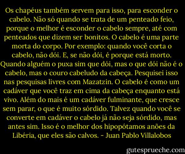 Os chapéus também servem para isso, para esconder o cabelo. Não só quando se trata de um penteado feio, porque o melhor é esconder o cabelo sempre, até com penteados que dizem ser bonitos. O cabelo é uma parte morta do corpo. Por exemplo: quando você corta o cabelo, não dói. E, se não dói, é porque está morto. Quando alguém o puxa sim que dói, mas o que dói não é o cabelo, mas o couro cabeludo da cabeça. Pesquisei isso nas pesquisas livres com Mazatzin. O cabelo é como um cadáver que você traz em cima da cabeça enquanto está vivo. Além do mais é um cadáver fulminante, que cresce sem parar, o que é muito sórdido. Talvez quando você se converte em cadáver o cabelo já não seja sórdido, mas antes sim. Isso é o melhor dos hipopótamos anões da Libéria, que eles são calvos. - Juan Pablo Villalobos