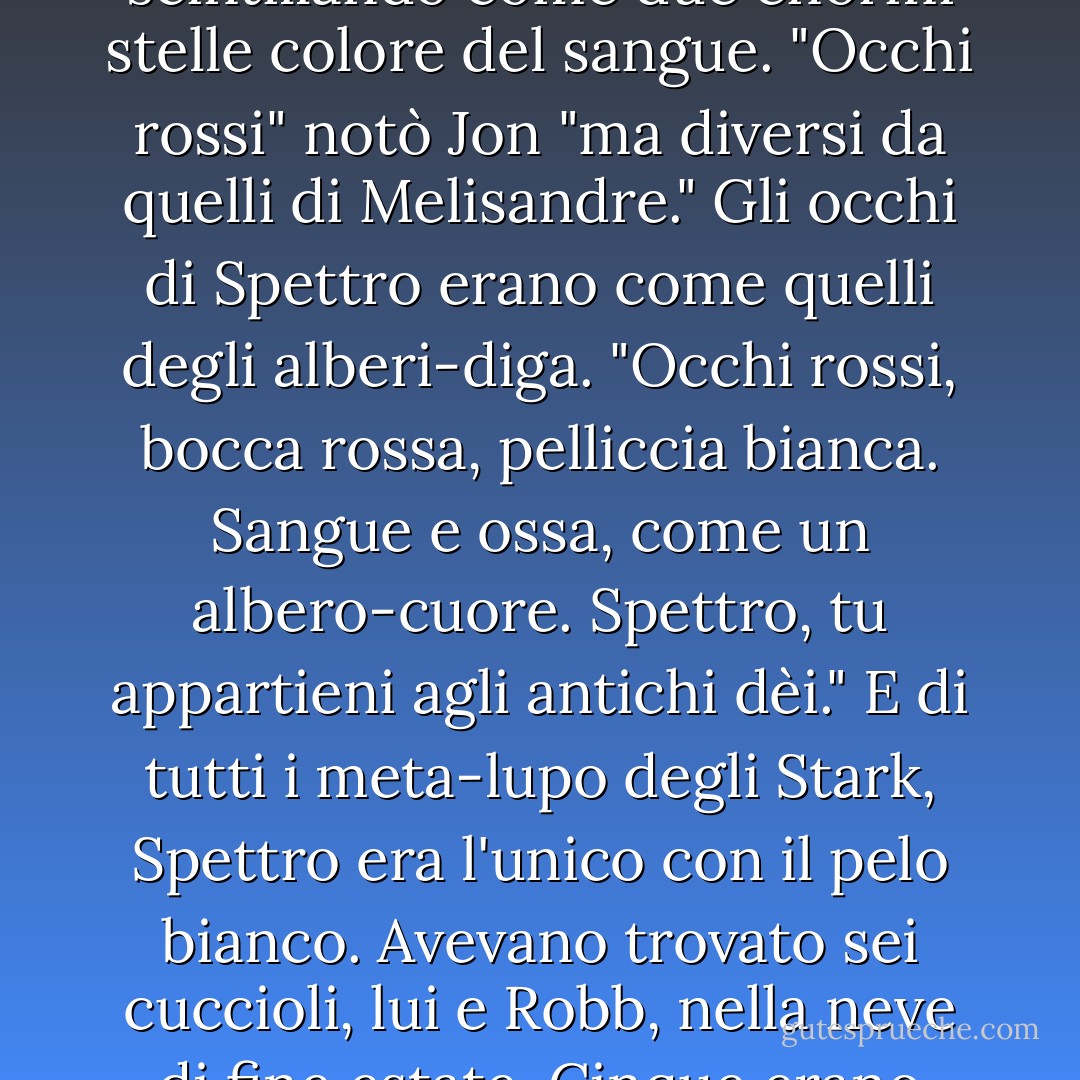 Il meta-lupo non aveva risposte. Leccò il viso di Jon con la sua lingua<br />umida e ruvida come una raspa. Gli occhi di Spettro intercettarono gli ultimi<br />raggi del sole, scintillando come due enormi stelle colore del sangue.<br />"Occhi rossi" notò Jon "ma diversi da quelli di Melisandre." Gli occhi di<br />Spettro erano come quelli degli alberi-diga. "Occhi rossi, bocca rossa, pelliccia<br />bianca. Sangue e ossa, come un albero-cuore. Spettro, tu appartieni<br />agli antichi dèi." E di tutti i meta-lupo degli Stark, Spettro era l'unico con il<br />pelo bianco. Avevano trovato sei cuccioli, lui e Robb, nella neve di fine estate.<br />Cinque erano grigi, neri e marrone, per i cinque ragazzi Stark. L'ultimo<br />era bianco. Come snow, neve.<br />A quel punto, Jon Snow ebbe la sua risposta. - George R.R. Martin