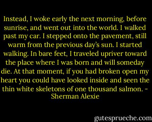 Instead, I woke early the next morning, before sunrise, and went out into the world. I walked past my car. I stepped onto the pavement, still warm from the previous day’s sun. I started walking. In bare feet, I traveled upriver toward the place where I was born and will someday die. At that moment, if you had broken open my heart you could have looked inside and seen the thin white skeletons of one thousand salmon. - Sherman Alexie