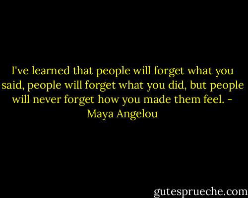 I've learned that people will forget what you said, people will forget what you did, but people will never forget how you made them feel. - Maya Angelou