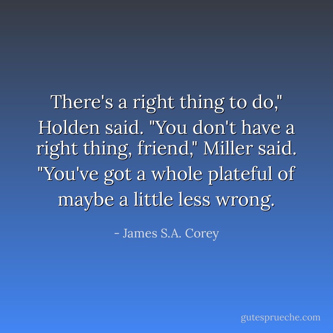 There's a right thing to do," Holden said.<br />"You don't have a right thing, friend," Miller said. "You've got a whole plateful of maybe a little less wrong. - James S.A. Corey