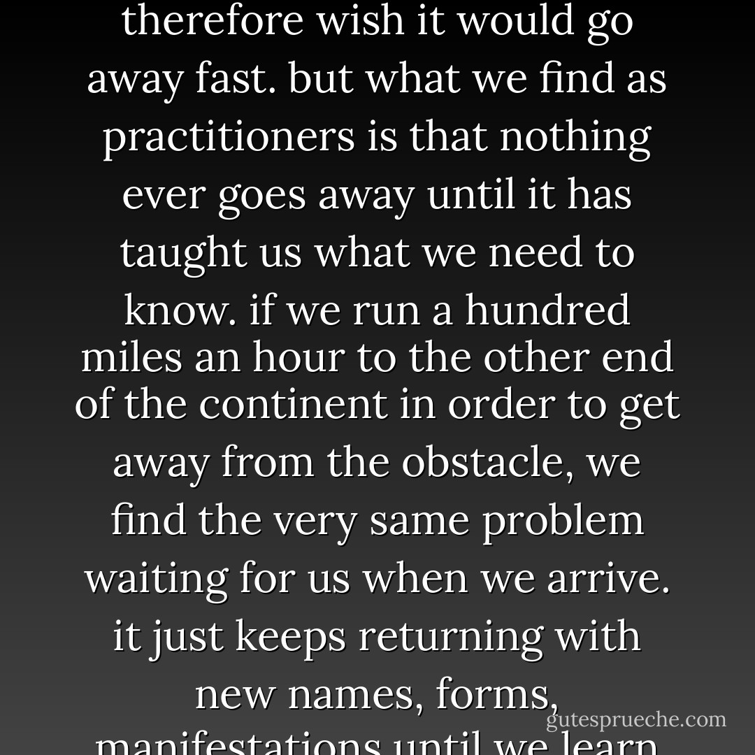 nothing ever goes away until it has taught us what we need to know <br />…nothing ever really attacks us except our own confusion. perhaps there is no solid obstacle except our own need to protect ourselves from being touched. maybe the only enemy is that we don’t like the way reality is now and therefore wish it would go away fast. but what we find as practitioners is that nothing ever goes away until it has taught us what we need to know. if we run a hundred miles an hour to the other end of the continent in order to get away from the obstacle, we find the very same problem waiting for us when we arrive. it just keeps returning with new names, forms, manifestations until we learn whatever it has to teach us about where we are separating ourselves from reality, how we are pulling back instead of opening up, closing down instead of allowing ourselves to experience fully whatever we encounter, without hesitating or retreating into ourselves. - Pema Chödrön