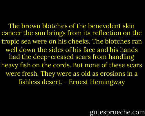 The brown blotches of the benevolent skin cancer the sun brings from its reflection on the tropic sea were on his cheeks. The blotches ran well down the sides of his face and his hands had the deep-creased scars from handling heavy fish on the cords. But none of these scars were fresh. They were as old as erosions in a fishless desert. - Ernest Hemingway