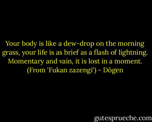 Your body is like a dew-drop on the morning grass, your life is as brief as a flash of lightning. Momentary and vain, it is lost in a moment. (From 'Fukan zazengi') - Dōgen
