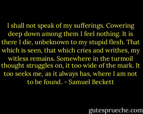 I shall not speak of my sufferings. Cowering deep down among them I feel nothing. It is there I die, unbeknown to my stupid flesh. That which is seen, that which cries and writhes, my witless remains. Somewhere in the turmoil thought struggles on, it too wide of the mark. It too seeks me, as it always has, where I am not to be found. - Samuel Beckett