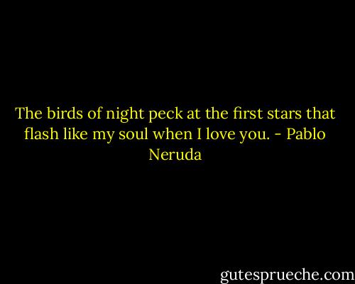 The birds of night peck at the first stars<br />that flash like my soul when I love you. - Pablo Neruda