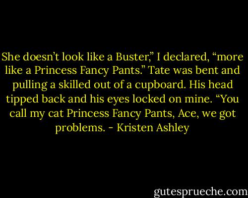 She doesn’t look like a Buster,” I declared, “more like a Princess Fancy Pants.”<br />Tate was bent and pulling a skilled out of a cupboard. His head tipped back and his eyes locked on mine.<br />“You call my cat Princess Fancy Pants, Ace, we got problems. - Kristen Ashley