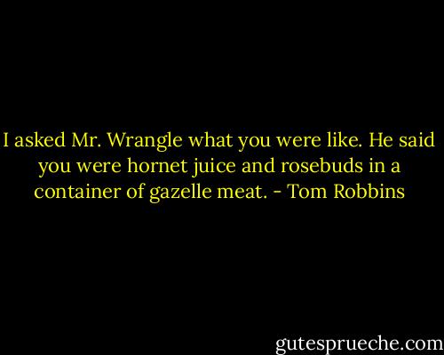 I asked Mr. Wrangle what you were like. He said you were hornet juice and rosebuds in a container of gazelle meat. - Tom Robbins