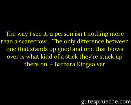 The way I see it, a person isn't nothing more than a scarecrow... The only difference between one that stands up good and one that blows over is what kind of a stick they're stuck up there on. - Barbara Kingsolver