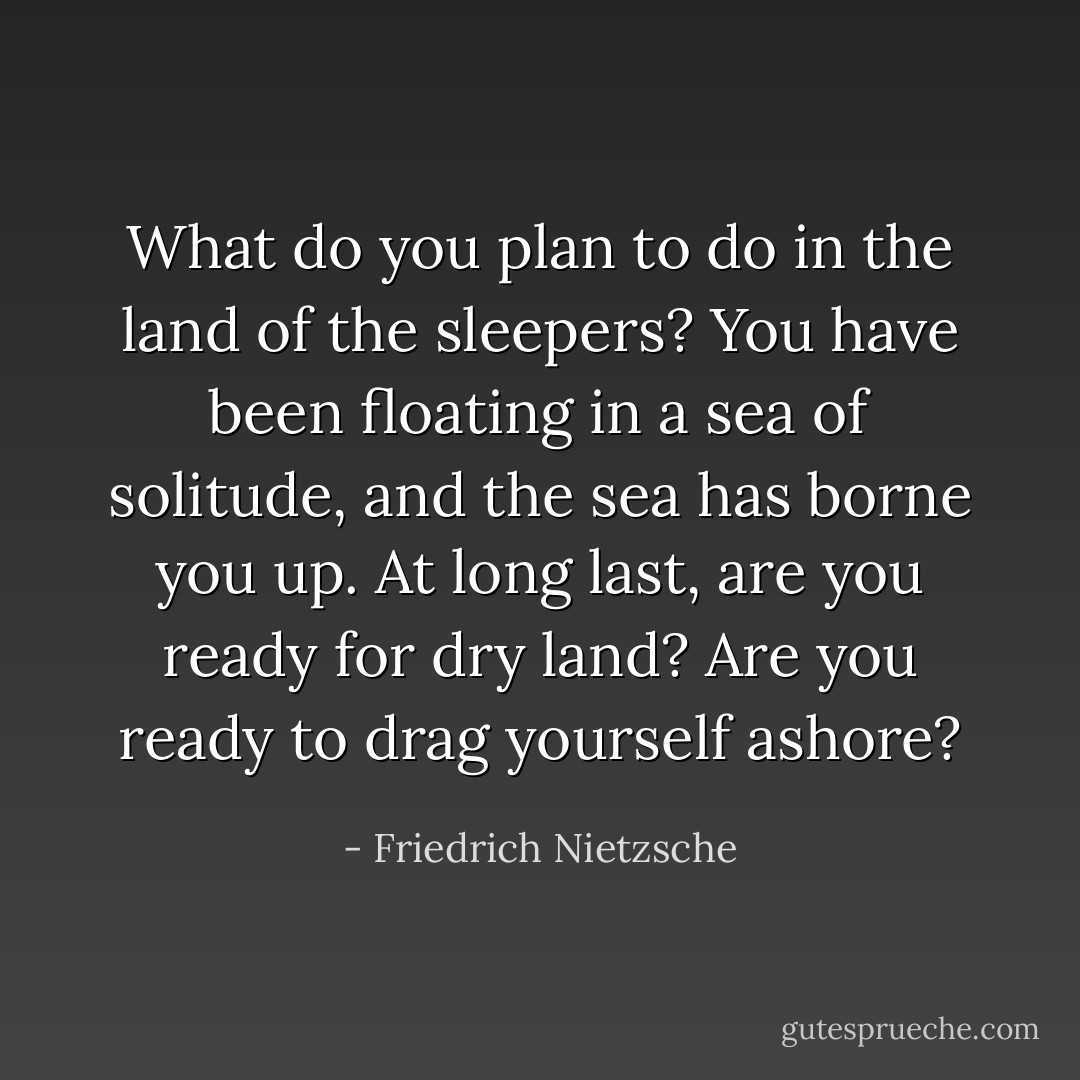What do you plan to do in the land of the sleepers? You have been floating in a sea of solitude, and the sea has borne you up. At long last, are you ready for dry land? Are you ready to drag yourself ashore? - Friedrich Nietzsche
