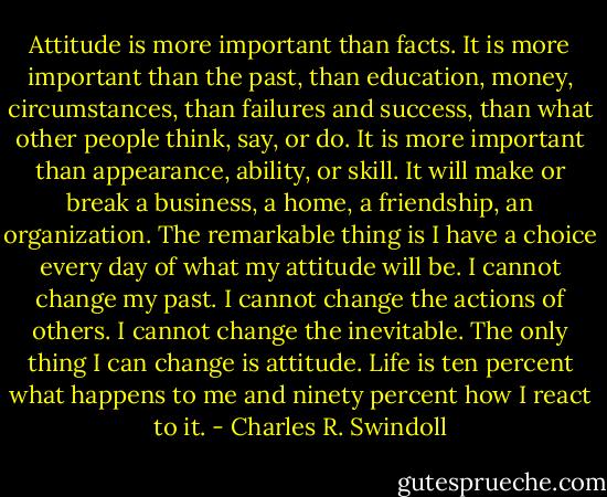 Attitude is more important than facts. It is more important than the past, than education, money, circumstances, than failures and success, than what other people think, say, or do. It is more important than appearance, ability, or skill. It will make or break a business, a home, a friendship, an organization. The remarkable thing is I have a choice every day of what my attitude will be. I cannot change my past. I cannot change the actions of others. I cannot change the inevitable. The only thing I can change is attitude. Life is ten percent what happens to me and ninety percent how I react to it. - Charles R. Swindoll