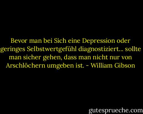 Bevor man bei Sich eine Depression oder geringes Selbstwertgefühl diagnostiziert...<br />sollte man sicher gehen, dass man nicht nur von Arschlöchern umgeben ist. - William Gibson