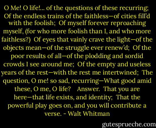 O Me! O life!... of the questions of these recurring; <br />Of the endless trains of the faithless—of cities fill’d with the foolish; <br />Of myself forever reproaching myself, (for who more foolish than I, and who more faithless?) <br />Of eyes that vainly crave the light—of the objects mean—of the struggle ever renew’d; <br />Of the poor results of all—of the plodding and sordid crowds I see around me; <br />Of the empty and useless years of the rest—with the rest me intertwined; <br />The question, O me! so sad, recurring—What good amid these, O me, O life? <br /> <br />Answer.<br /><br />That you are here—that life exists, and identity; <br />That the powerful play goes on, and you will contribute a verse. - Walt Whitman