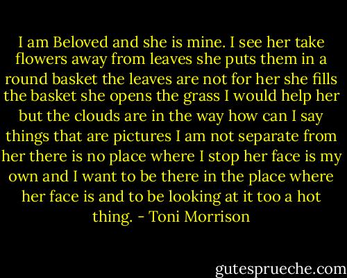 I am Beloved and she is mine. I see her take flowers away from leaves she puts them in a round basket the leaves are not for her she fills the basket she opens the grass I would help her but the clouds are in the way how can I say things that are pictures I am not separate from her there is no place where I stop her face is my own and I want to be there in the place where her face is and to be looking at it too a hot thing. - Toni Morrison