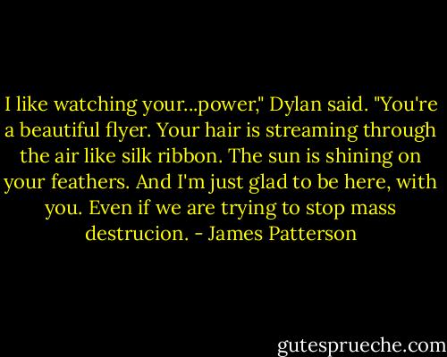 I like watching your...power," Dylan said. "You're a beautiful flyer. Your hair is streaming through the air like silk ribbon. The sun is shining on your feathers. And I'm just glad to be here, with you. Even if we are trying to stop mass destrucion. - James Patterson