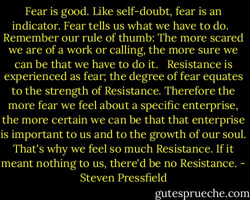 Fear is good. Like self-doubt, fear is an indicator. Fear tells us what we have to do. <br /><br />Remember our rule of thumb: The more scared we are of a work or calling, the more sure we can be that we have to do it. <br /><br />Resistance is experienced as fear; the degree of fear equates to the strength of Resistance. Therefore the more fear we feel about a specific enterprise, the more certain we can be that that enterprise is important to us and to the growth of our soul. That's why we feel so much Resistance. If it meant nothing to us, there'd be no Resistance. - Steven Pressfield