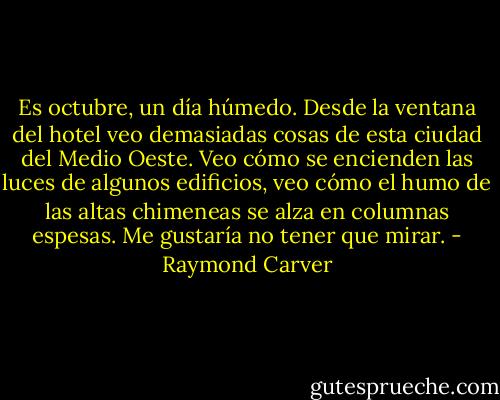 Es octubre, un día húmedo. Desde la ventana del hotel veo demasiadas cosas de esta ciudad del Medio Oeste. Veo cómo se encienden las luces de algunos edificios, veo cómo el humo de las altas chimeneas se alza en columnas espesas. Me gustaría no tener que mirar. - Raymond Carver