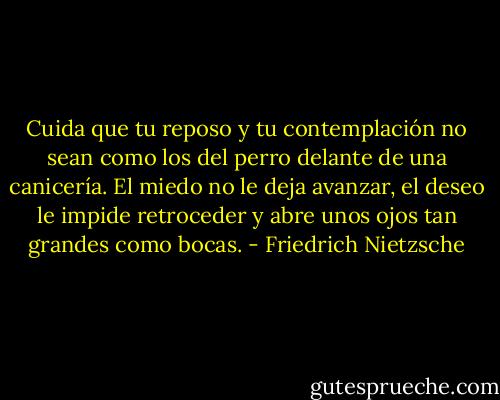 Cuida que tu reposo y tu contemplación no sean como los del perro delante de una canicería. El miedo no le deja avanzar, el deseo le impide retroceder y abre unos ojos tan grandes como bocas. - Friedrich Nietzsche