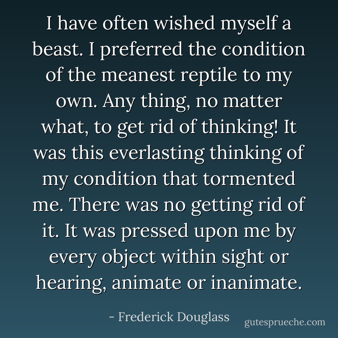 I have often wished myself a beast. I preferred the condition of the meanest reptile to my own. Any thing, no matter what, to get rid of thinking! It was this everlasting thinking of my condition that tormented me. There was no getting rid of it. It was pressed upon me by every object within sight or hearing, animate or inanimate. - Frederick Douglass