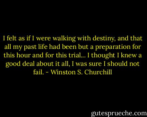I felt as if I were walking with destiny, and that all my past life had been but a preparation for this hour and for this trial... I thought I knew a good deal about it all, I was sure I should not fail. - Winston S. Churchill