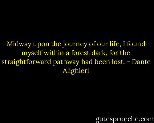 Midway upon the journey of our life, I found myself within a forest dark, for the straightforward pathway had been lost. - Dante Alighieri