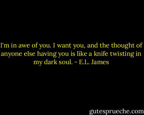 I'm in awe of you. I want you, and the thought of anyone else having you is like a knife twisting in my dark soul. - E.L. James