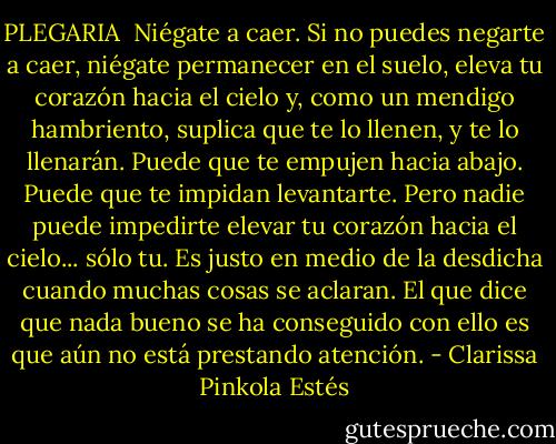 PLEGARIA<br /><br />Niégate a caer.<br />Si no puedes negarte a caer,<br />niégate permanecer en el suelo,<br />eleva tu corazón hacia el cielo<br />y, como un mendigo hambriento,<br />suplica que te lo llenen,<br />y te lo llenarán.<br />Puede que te empujen hacia abajo.<br />Puede que te impidan levantarte.<br />Pero nadie puede impedirte<br />elevar tu corazón<br />hacia el cielo...<br />sólo tu.<br />Es justo en medio de la desdicha<br />cuando muchas cosas se aclaran.<br />El que dice que nada bueno<br />se ha conseguido con ello<br />es que aún no está prestando atención. - Clarissa Pinkola Estés