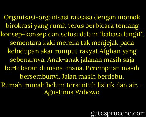 Organisasi-organisasi raksasa dengan momok birokrasi yang rumit terus berbicara tentang konsep-konsep dan solusi dalam "bahasa langit", sementara kaki mereka tak menjejak pada kehidupan akar rumput rakyat Afghan yang sebenarnya. Anak-anak jalanan masih saja bertebaran di mana-mana. Perempuan masih bersembunyi. Jalan masih berdebu. Rumah-rumah belum tersentuh listrik dan air. - Agustinus Wibowo