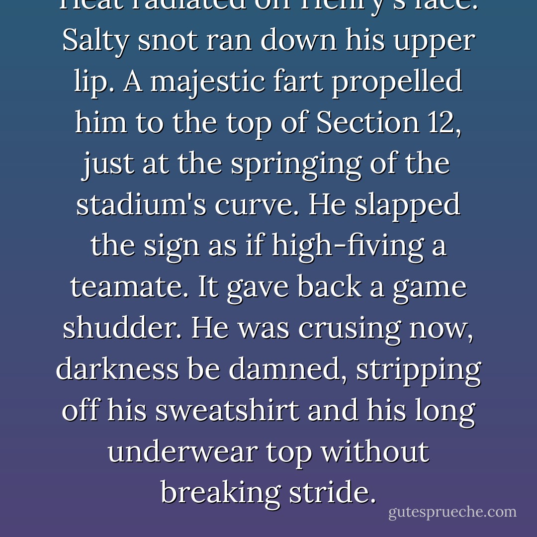 Heat radiated off Henry's face. Salty snot ran down his upper lip. A majestic fart propelled him to the top of Section 12, just at the springing of the stadium's curve. He slapped the sign as if high-fiving a teamate. It gave back a game shudder. He was crusing now, darkness be damned, stripping off his sweatshirt and his long underwear top without breaking stride. - Chad Harbach