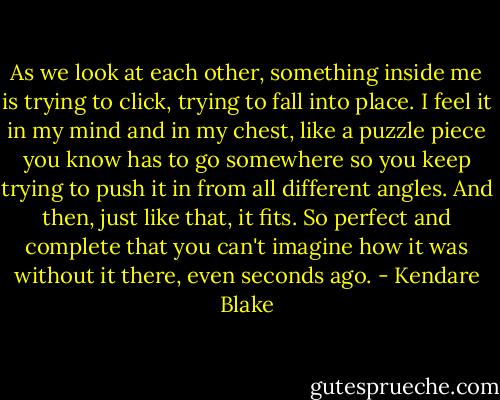 As we look at each other, something inside me is trying to click, trying to fall into place. I feel it in my mind and in my chest, like a puzzle piece you know has to go somewhere so you keep trying to push it in from all different angles. And then, just like that, it fits. So perfect and complete that you can't imagine how it was without it there, even seconds ago. - Kendare Blake