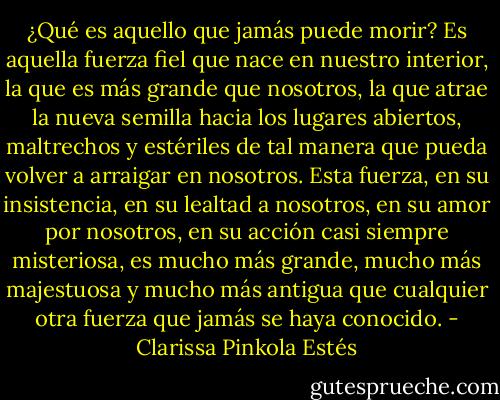 ¿Qué es aquello que jamás puede morir?<br />Es aquella fuerza fiel que nace en nuestro interior, la que es más grande que nosotros, la que atrae la nueva semilla hacia los lugares abiertos, maltrechos y estériles de tal manera que pueda volver a arraigar en nosotros.<br />Esta fuerza, en su insistencia, en su lealtad a nosotros, en su amor por nosotros, en su acción casi siempre misteriosa, es mucho más grande, mucho más majestuosa y mucho más antigua que cualquier otra fuerza que jamás se haya conocido. - Clarissa Pinkola Estés