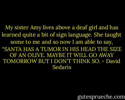 My sister Amy lives above a deaf girl and has learned quite a bit of sign language. She taught some to me and so now I am able to say, “SANTA HAS A TUMOR IN HIS HEAD THE SIZE OF AN OLIVE. MAYBE IT WILL GO AWAY TOMORROW BUT I DON’T THINK SO. - David Sedaris