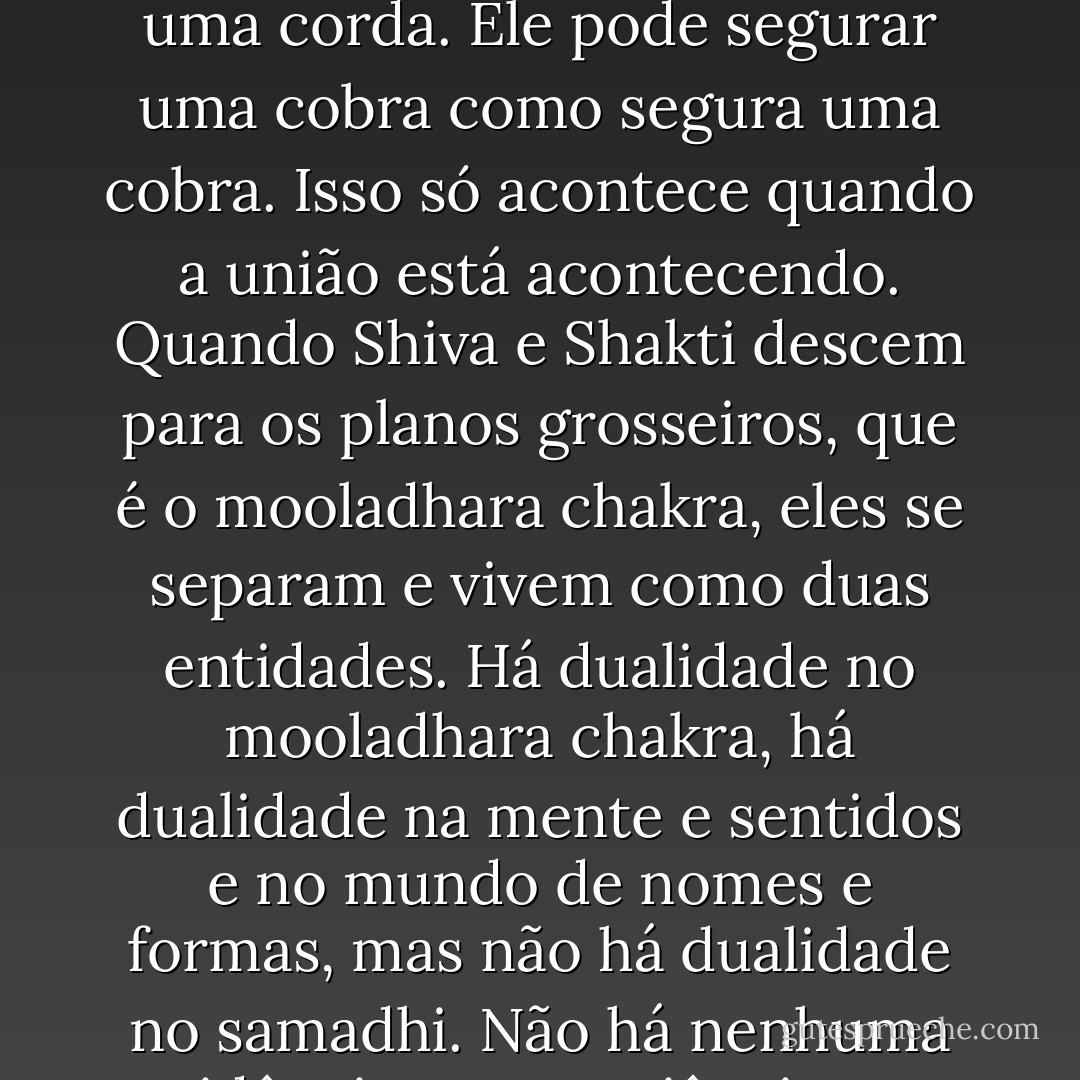Quando Shiva e Shakti se unem no sahasrara, a pessoa experimenta o samadhi, a iluminação ocorre no cérebro e as áreas silenciosas começam a funcionar. Shiva e Shakti permanecem unidos por algum tempo, e durante este período há uma perda total da consciência, pertencente um a outro. Ao mesmo tempo um bindu desenvolve. Bindu significa um ponto, uma gota, e bindu é o substrato de todo o cosmos. Dentro do bindu está a sede da inteligência humana e a sede de toda a criação. Em seguida, bindu se divide em dois, e Shiva e Shakti manifestam-se novamente em dualidade. Quando a ascensão aconteceu, ela foi somente a subida de shakti, mas agora quando a descida acontece, Shiva e Shakti, ambos, descem para os planos grosseiros e há novamente o conhecimento da dualidade. Depois da união total há uma espécie de retorno pelo mesmo caminho da ascensão. A consciência bruta que se tornou refinada, novamente torna-se embrutecida. Este é o conceito da encarnação divina ou avatar.<br />Quando alguém atinge o mais elevado pináculo de samadhi, purusha e prakriti, ou Shiva e Shakti estão em total união e somente advaita existe, a experiência não dual. Ao mesmo temo, quando não há sujeito/objeto mais distinto, é muito difícil para alguém diferenciar. Se ele está falando com um homem ou com uma mulher, ele não sabe, ele não percebe a diferença. Ele pode até mesmo ser associado com pessoas espirituais ou divinas sem estar ciente disto, porque neste momento, sua consciência está reduzida ao nível da inocência de um bebê. Assim, no estado de samadhi, você é um bebê. Um bebê não pode falar da diferença entre um homem e uma mulher porque ele não tem distinção física ou sexual. Ele não pode distinguir um estudioso de um idiota, ele não pode nem mesmo ver qualquer a diferença entre uma serpente e uma corda. Ele pode segurar uma cobra como segura uma cobra. Isso só acontece quando a união está acontecendo.<br />Quando Shiva e Shakti descem para os planos grosseiros, que é o mooladhara chakra, eles se separam e vivem como duas entidades. Há dualidade no mooladhara chakra, há dualidade na mente e sentidos e no mundo de nomes e formas, mas não há dualidade no samadhi. Não há nenhuma vidência ou experiência no estado de samadhi. Não há ninguém para dizer como o samadhi porque ele é uma experiência não-dual.<br />É muito difícil entender por que Shiva e Shakti, ambos, descem para os planos brutos após terem atingindo a mais elevada união. Qual é o objetivo da destruição do mundo e a criação novamente? Qual é o objetivo de transcendência da consciência se você tem de voltar para ele novamente? Por que se preocupar em despertar Kundalini e uni-la com Shiva no sahasrara se você tem de voltar para o mooladhara novamente? Isto é algo muito misterioso e podemos perguntar, "Por despertar Kundalini absolutamente?" Por que construir uma mansão se você sabe que terá de pô-la abaixo quando ela estiver concluída? Na verdade, criamos um monte de coisas que serão destruídas. Então, porque fazê-lo absolutamente? Fazemos muita sadhana para transcender os chakras e ascender da terra para o céu. Então, quando chegamos ao paraíso e nos tornamos um com a grande realidade, de repente decidimos voltar para baixo. E não só, nós trazemos a grande unidade conosco. Seria mais fácil entender se Shakti voltasse sozinha e Shiva permanecesse no céu. Talvez, quando Shakti está prestes a sair, Shiva diga: "Espere, estou indo com você."<br />Quando Shiva e Shakti descem aos níveis mais grosseiros da consciência, há a dualidade novamente. Isso é porque o homem auto-realizado é capaz de compreender a dor e todos os assuntos da vida mundana. Ele compreende todo o drama da dualidade, multiplicidade e diversidade. Às vezes nós, simples mortais, estamos em um dilema para compreender como este homem, como a mais elevada realização, é capaz de lidar com as dualidades sem esperanças da vida. - Satyananda Saraswati