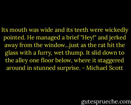 Its mouth was wide and its teeth were wickedly pointed. He managed a brief "Hey!" and jerked away from the window...just as the rat hit the glass with a furry, wet thump. It slid down to the alley one floor below, where it staggered around in stunned surprise. - Michael Scott