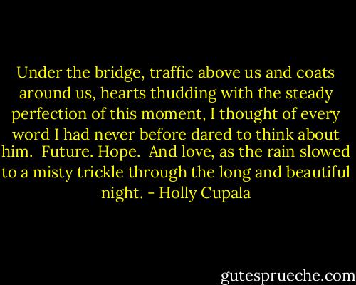 Under the bridge, traffic above us and coats around us, hearts thudding with the steady perfection of this moment, I thought of every word I had never before dared to think about him.<br /><br />Future. Hope.<br /><br />And love, as the rain slowed to a misty trickle through the long and beautiful night. - Holly Cupala