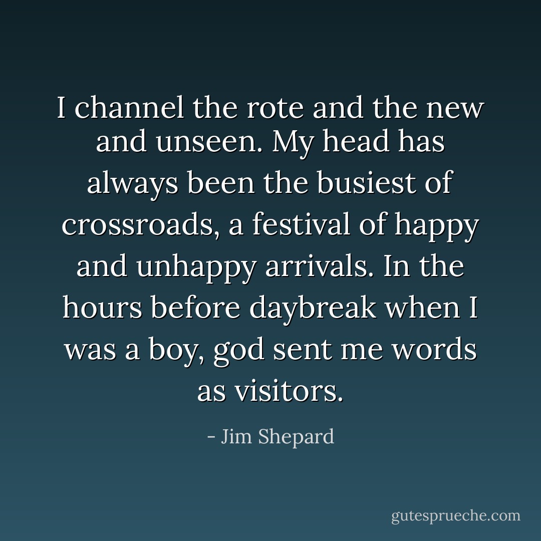 I channel the rote and the new and unseen. My head has always been the busiest of crossroads, a festival of happy and unhappy arrivals. In the hours before daybreak when I was a boy, god sent me words as visitors. - Jim Shepard