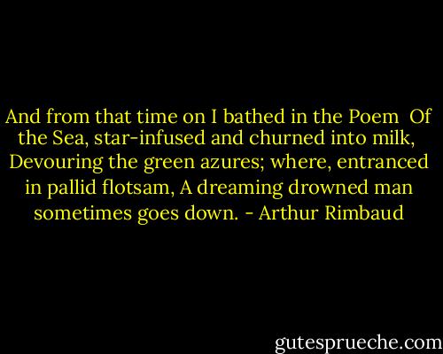 And from that time on I bathed in the Poem <br />Of the Sea, star-infused and churned into milk, <br />Devouring the green azures; where, entranced in pallid flotsam,<br />A dreaming drowned man sometimes goes down. - Arthur Rimbaud