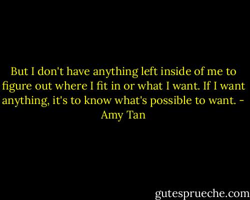 But I don't have anything left inside of me to figure out where I fit in or what I want. If I want anything, it's to know what's possible to want. - Amy Tan