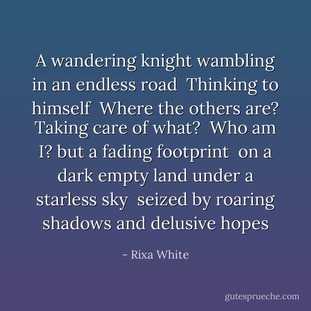 A wandering knight<br />wambling in an endless road<br /><br />Thinking to himself<br /><br />Where the others are?<br />Taking care of what?<br /><br />Who am I?<br />but a fading footprint<br /><br />on a dark empty land<br />under a starless sky<br /><br />seized by roaring shadows<br />and delusive hopes - Rixa White