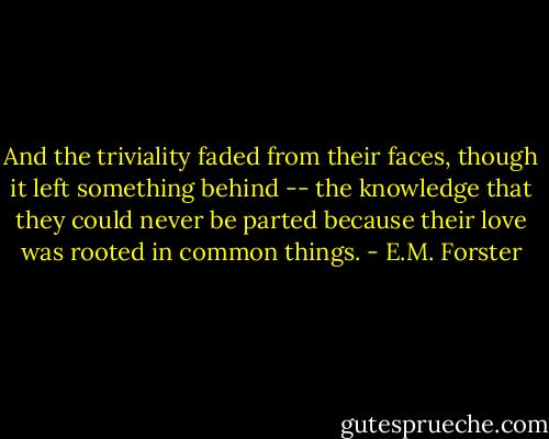 And the triviality faded from their faces, though it left something behind -- the knowledge that they could never be parted because their love was rooted in common things. - E.M. Forster