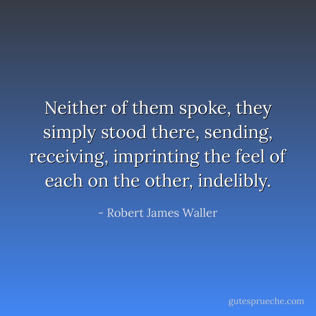 Neither of them spoke, they simply stood there, sending, receiving, imprinting the feel of each on the other, indelibly. - Robert James Waller