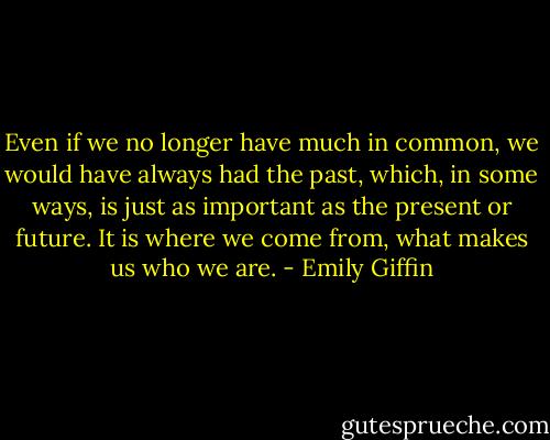 Even if we no longer have much in common, we would have always had the past, which, in some ways, is just as important as the present or future. It is where we come from, what makes us who we are. - Emily Giffin