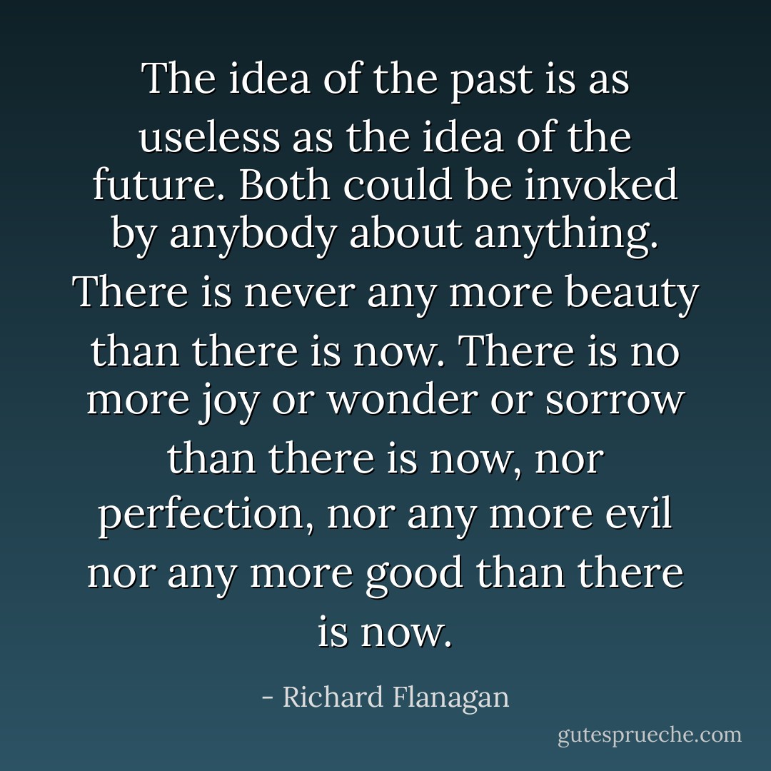 The idea of the past is as useless as the idea of the future. Both could be invoked by anybody about anything. There is never any more beauty than there is now. There is no more joy or wonder or sorrow than there is now, nor perfection, nor any more evil nor any more good than there is now. - Richard Flanagan