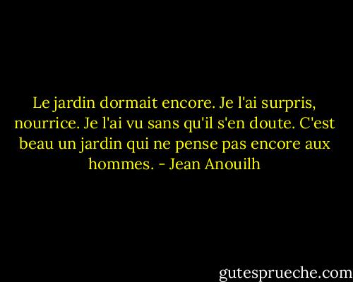 Le jardin dormait encore. Je l'ai surpris, nourrice. Je l'ai vu sans qu'il s'en doute. C'est beau un jardin qui ne pense pas encore aux hommes. - Jean Anouilh
