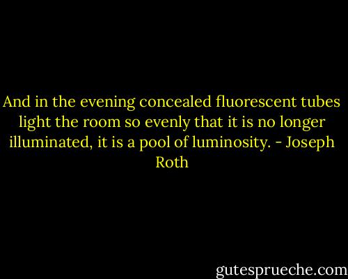 And in the evening concealed fluorescent tubes light the room so evenly that it is no longer illuminated, it is a pool of luminosity. - Joseph Roth
