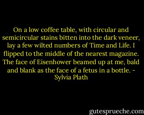On a low coffee table, with circular and semicircular stains bitten into the dark veneer, lay a few wilted numbers of Time and Life. I flipped to the middle of the nearest magazine. The face of Eisenhower beamed up at me, bald and blank as the face of a fetus in a bottle. - Sylvia Plath