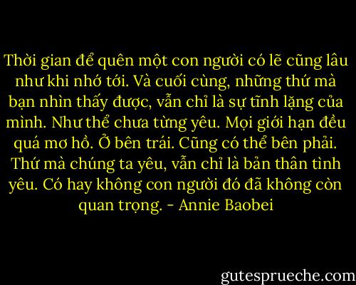 Thời gian để quên một con người có lẽ cũng lâu như khi nhớ tới. Và cuối cùng, những thứ mà bạn nhìn thấy được, vẫn chỉ là sự tĩnh lặng của mình. Như thể chưa từng yêu. Mọi giới hạn đều quá mơ hồ. Ở bên trái. Cũng có thể bên phải. Thứ mà chúng ta yêu, vẫn chỉ là bản thân tình yêu. Có hay không con người đó đã không còn quan trọng. - Annie Baobei