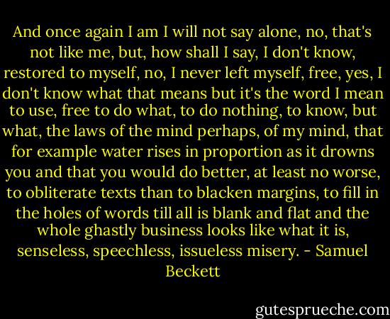 And once again I am I will not say alone, no, that's not like me, but, how shall I say, I don't know, restored to myself, no, I never left myself, free, yes, I don't know what that means but it's the word I mean to use, free to do what, to do nothing, to know, but what, the laws of the mind perhaps, of my mind, that for example water rises in proportion as it drowns you and that you would do better, at least no worse, to obliterate texts than to blacken margins, to fill in the holes of words till all is blank and flat and the whole ghastly business looks like what it is, senseless, speechless, issueless misery. - Samuel Beckett